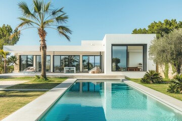Fototapeta premium A pool located in front of a house with a palm tree nearby