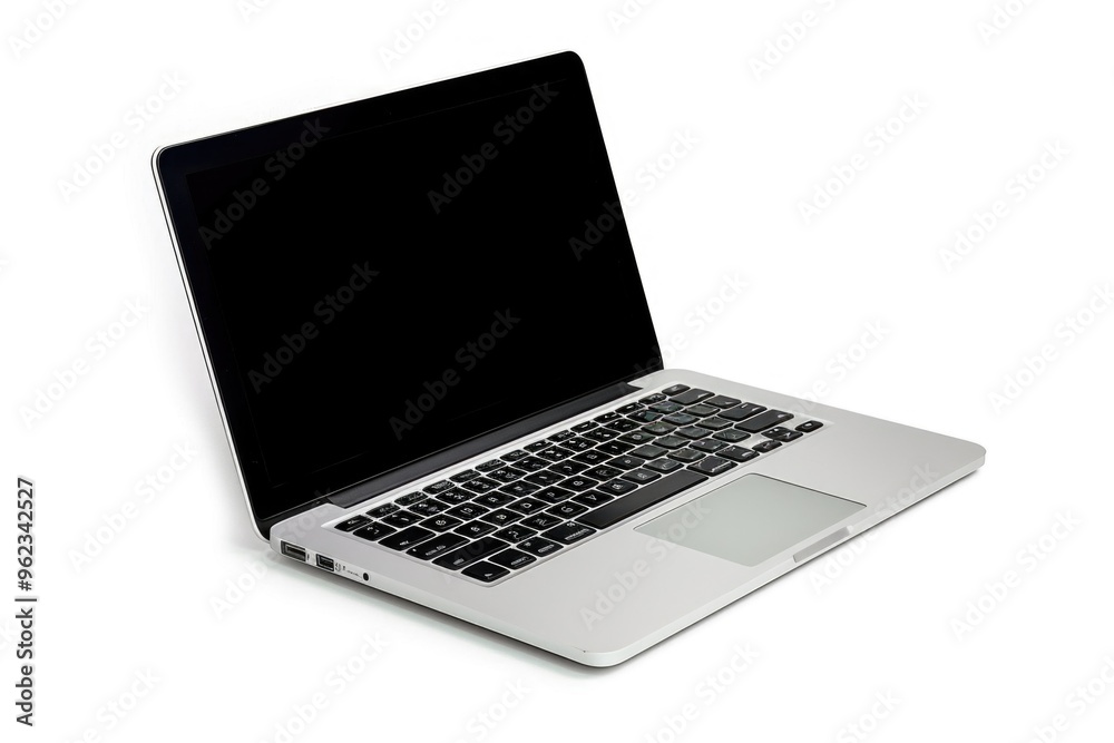 Poster a laptop computer sits on a clean white surface, ready for use