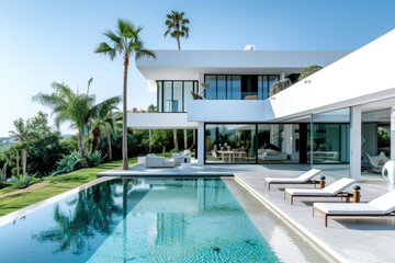 Fototapeta premium A house with a backyard featuring a swimming pool and lounge chairs, perfect for summer relaxation or family gatherings