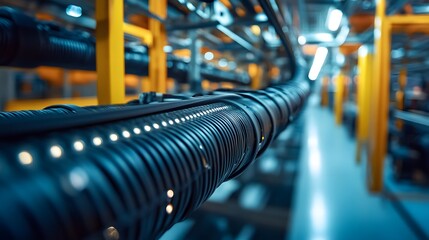 Cable Tray System A system of cable trays mounted along the ceiling, carrying large bundles of electrical cables throughout the plant. The cables are neatly arranged, with connectors running to variou