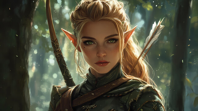 A stunning female elf warrior in a magical forest setting. concept fantasy, elf, warrior, magical forest, female portrait. Elf. Illustration