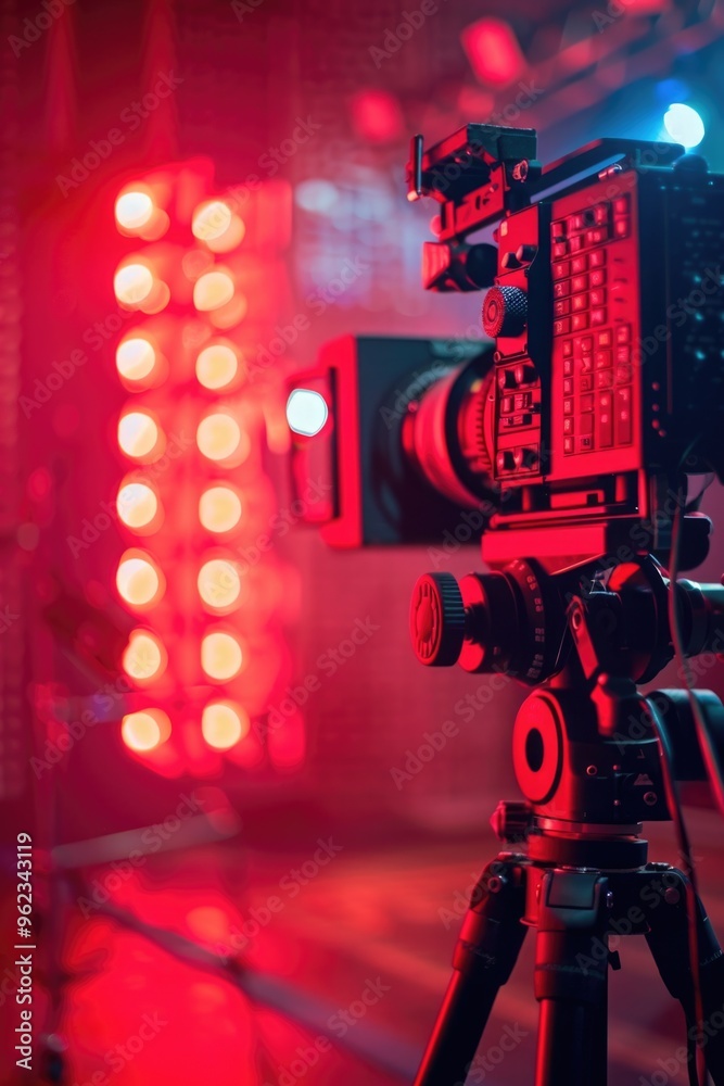 Poster a video camera mounted on a tripod with red and blue lights, ready for filming or recording