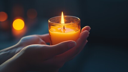 Close-up of hands gently holding a lit candle in a glass jar, emitting a warm glow. The soft lighting creates a serene and peaceful atmosphere, ideal for concepts of meditation, relaxation, or