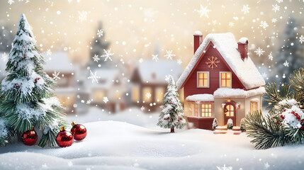 chrismas festive celebrate greeting backgroun of joyful house with snow flake and pine tree xmas theme decoration joyful and happiness ambient moment template design