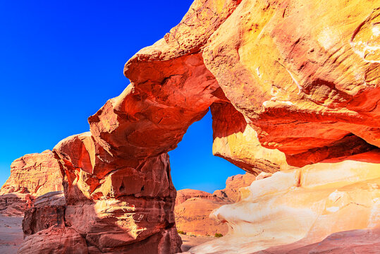 Wadi Rum Desert, Jordan.: Um Fruth bridge, a rocky formation in the red desert Valley of the moon. Central Asia travel destination