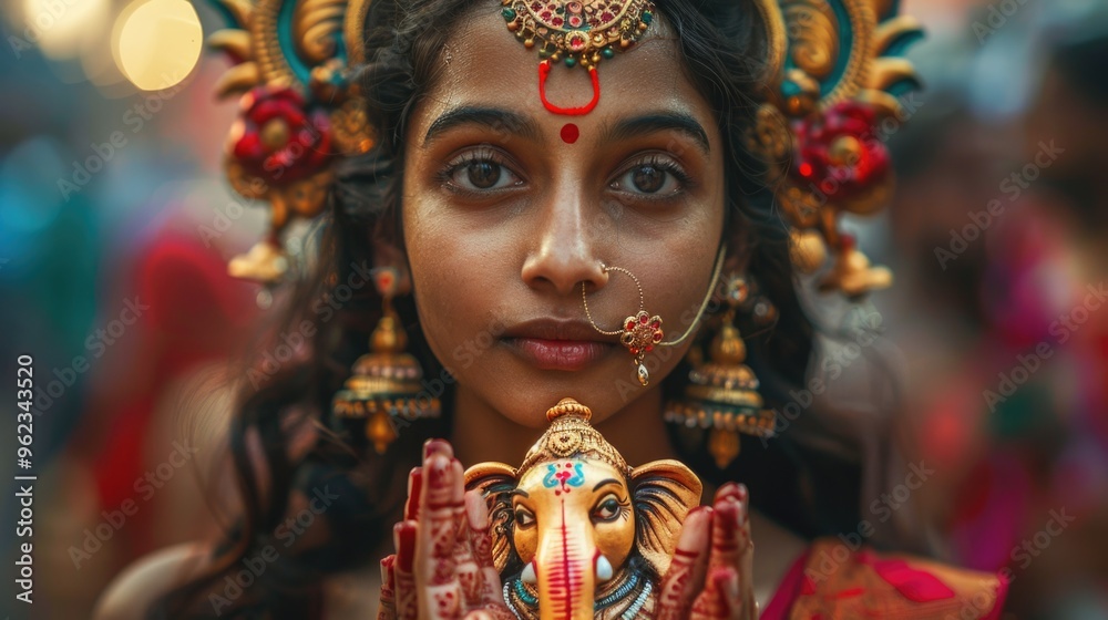 Poster a woman holds a statue of an elephant, possibly for display or as a symbol of good luck