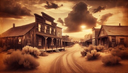 Fototapeta premium Classic wild west town with vintage buildings, deserted streets, and a warm sunset casting long shadows, creating a timeless scene reminiscent of historic American frontier settlements.