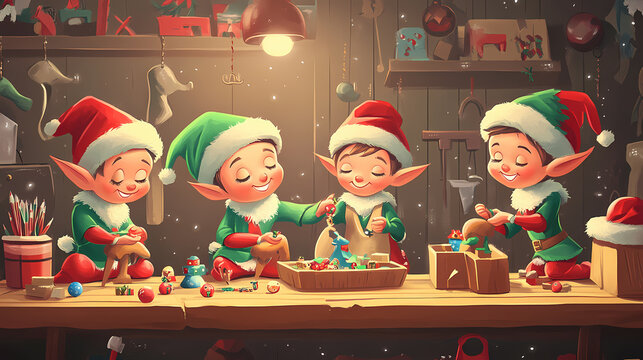 Christmas elves making toys in the workshop. Elf. Illustration