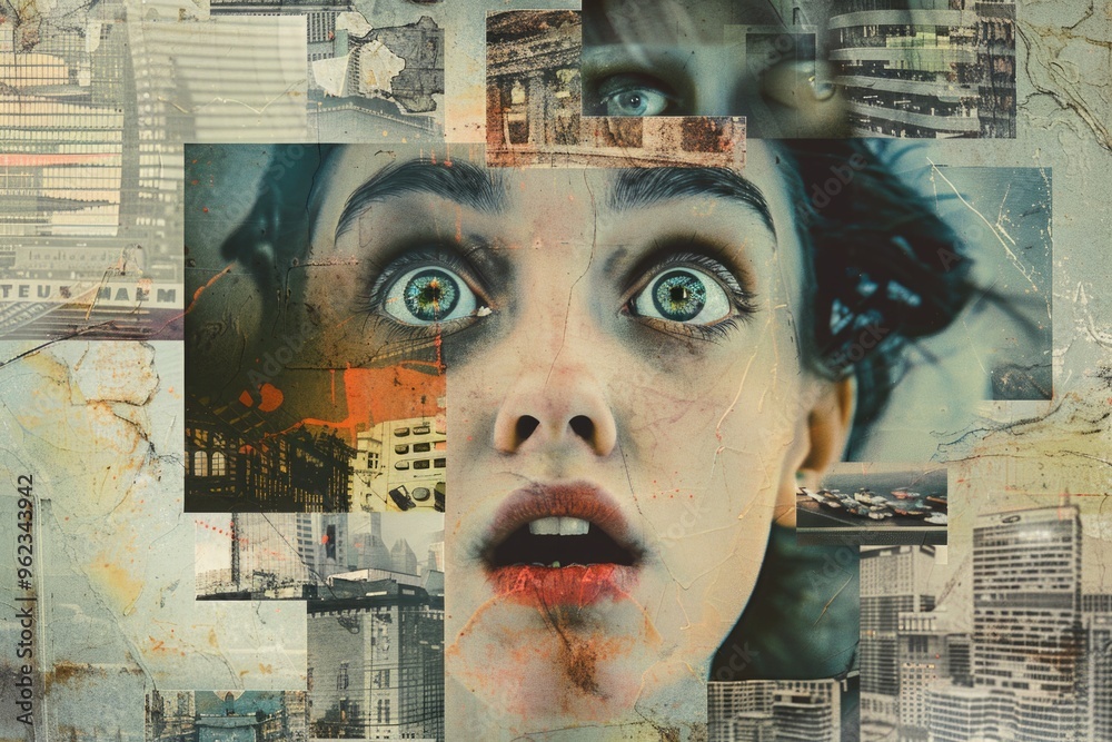 Poster a city skyline with a woman's face superimposed, ideal for use in urban-themed designs or as a uniqu