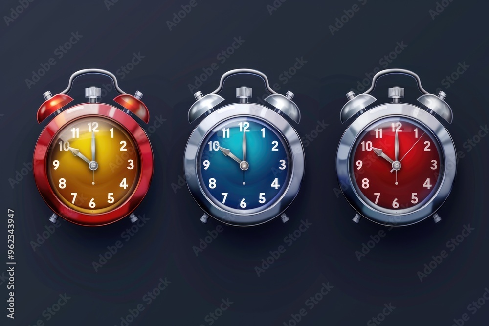 Poster Three colorful clocks on a dark background