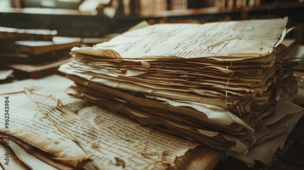 Poster a pile of yellowed documents and files stacked on a wooden surface