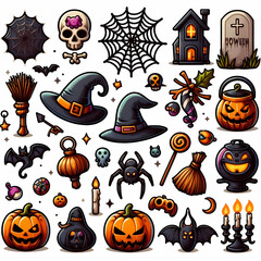 set of icons Halloween elements isolated on white background