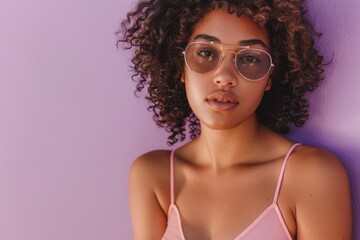 Fototapeta premium A woman wearing glasses and a pink top, suitable for use in office or everyday life settings