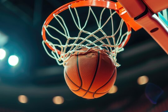 A basketball shot going through the hoop on a basketball court, ideal for sports and fitness related uses
