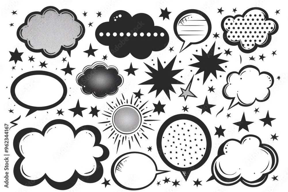 Poster collection of black and white speech bubbles for various uses