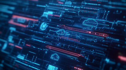 Obraz premium A close-up of a computer screen displaying secure cloud storage icons, compliance metrics, and data integration flow processes. Security protocols are emphasized, highlighting data protection.