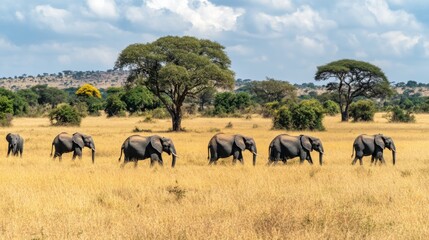 Obraz premium Elephants Grazing in Savanna