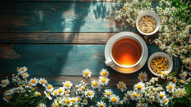 herbal tea relaxation, a collection of herbal teas and fresh chamomile on a wooden table, creating a cozy atmosphere for relaxation