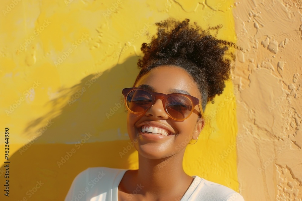 Poster a woman wearing sunglasses stands in front of a bright yellow wall, perfect for use as a background 