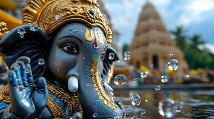 Obraz premium Close up of Lord Ganesha Statue with Water Drops