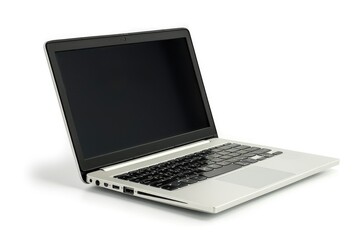 A laptop computer sits on a clean white surface, ideal for photography or design work