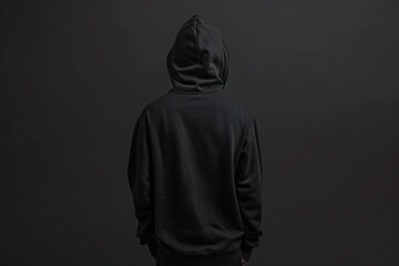 A man wearing a black hoodie stands in front of a dark background, offering a simple yet mysterious scene