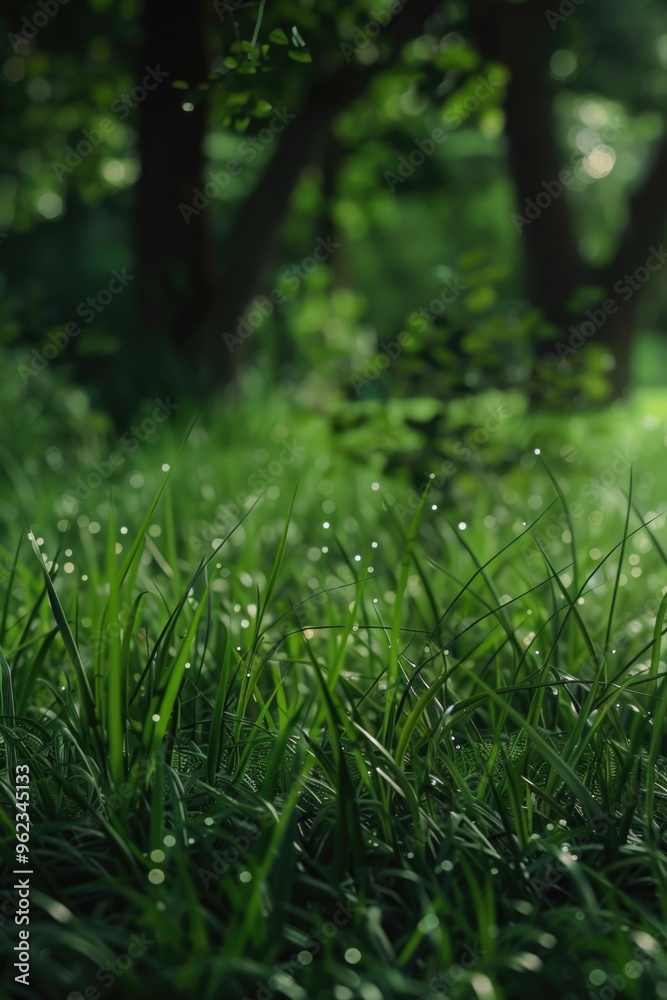 Poster Close-up view of a field of grass with water droplets glistening in the sunlight