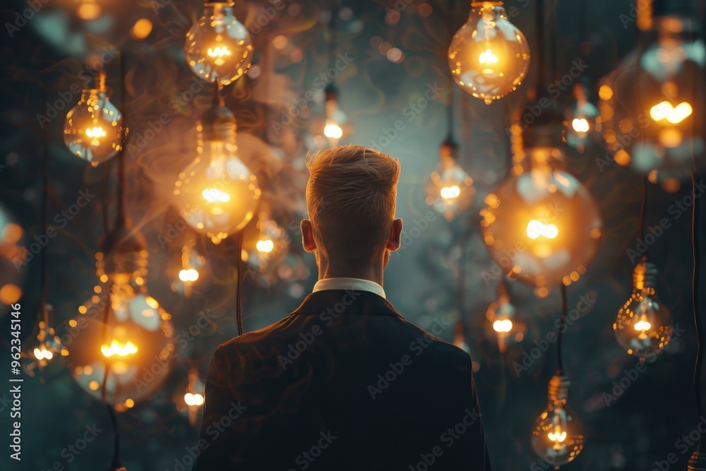 Poster a person standing next to a collection of light bulbs, useful for illustrating concepts related to l