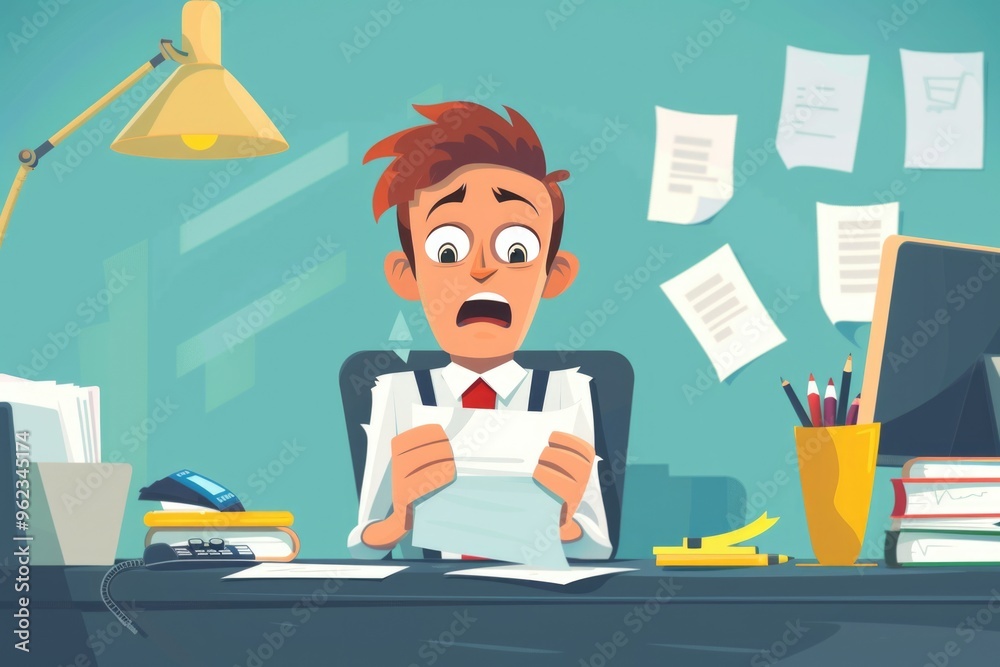 Poster man sitting at a desk surrounded by documents, great for office or work-related projects