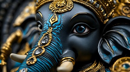 Fototapeta premium Closeup of Ganesha Statue with Blue and Gold Details
