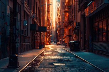 Fototapeta premium A narrow city street with a lone light guiding the way