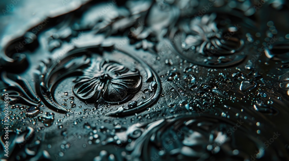 Poster a detailed view of tiny water droplets sitting on a metallic surface