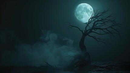 A tree stands without leaves against a bright full moon in the night sky