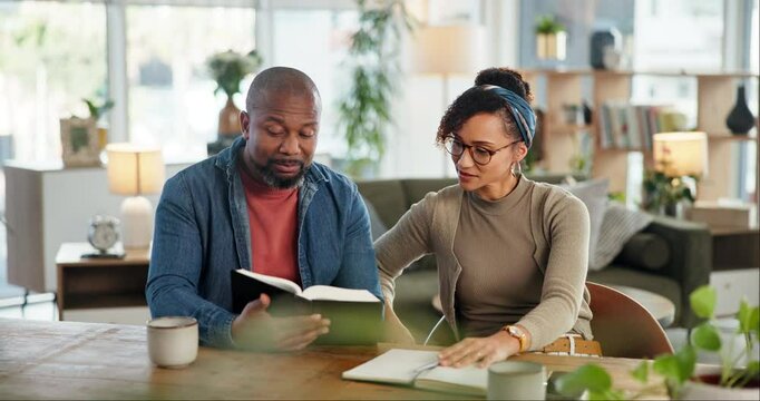 Faith, couple and book with religion, reading and study for spiritual, peace and worship with coffee. Family, God and woman with man, christianity gospel or Jesus Christ praise together in home