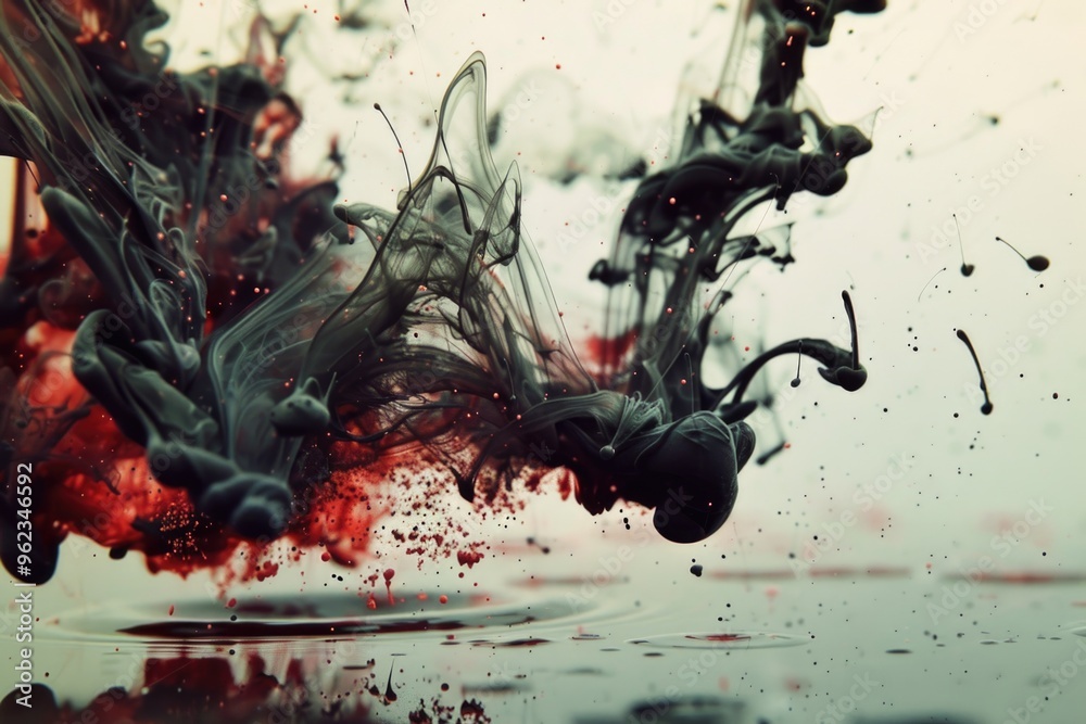 Poster a close-up shot of a mysterious mixture of black and red liquids