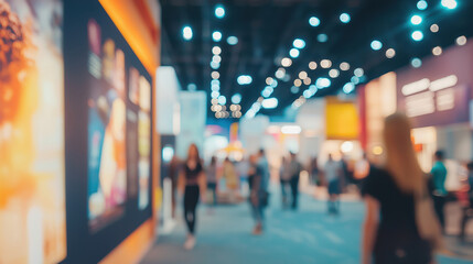 Blurred background of a business exhibition with exhibit booths at a convention center with people walking around.