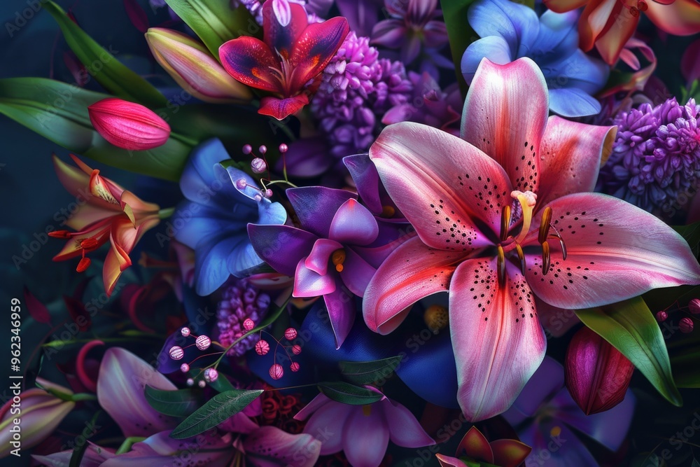 Poster a detailed view of various colorful flowers, ideal for use in editorial or advertising content
