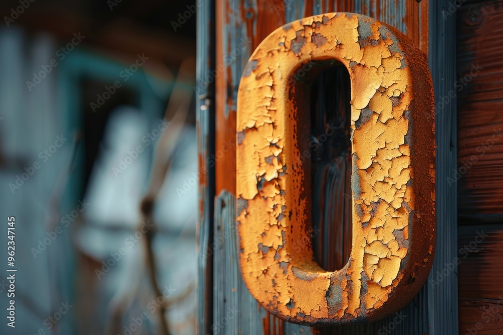 Poster A weathered door with a rusty numeral zero, ideal for use in old and worn out settings