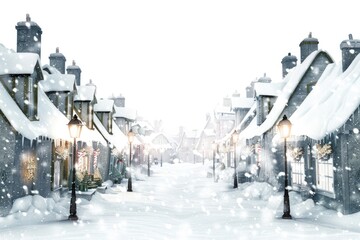 Snow-covered street lined with houses under winter conditions