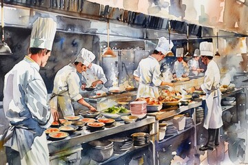 Group of chefs working together to prepare food in a commercial kitchen