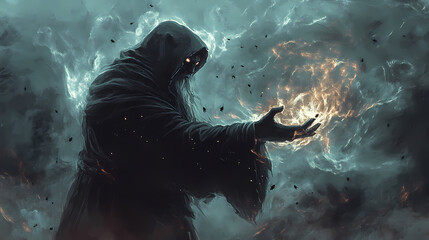 Evil sorcerer casting a spell to release the black insects from his hands, digital art style, illustration painting. Sorcerer. Illustration