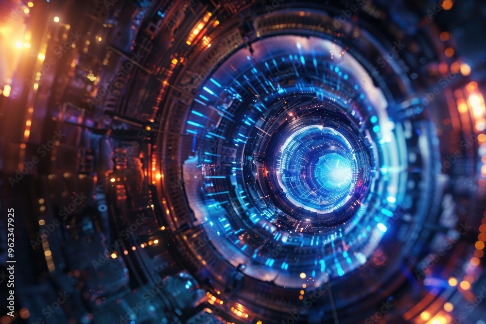 Poster a blue and black circular object sits on a surface in a dimly lit room