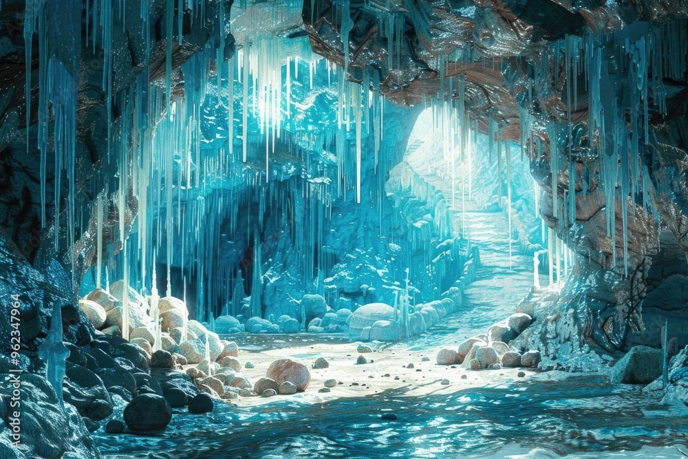 Poster A frozen cave with a stream running through it