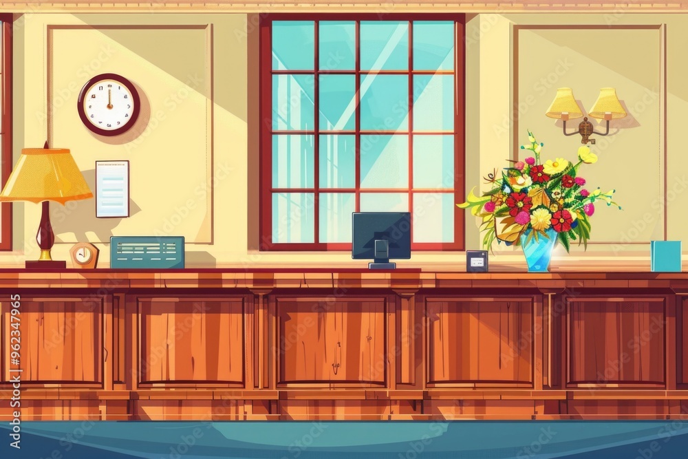 Poster an office scene with a desk and a clock on the wall, perfect for illustrations of daily routine or w
