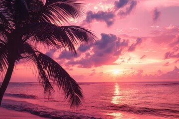 A palm tree stands tall on a sandy beach as the sun sets in the background