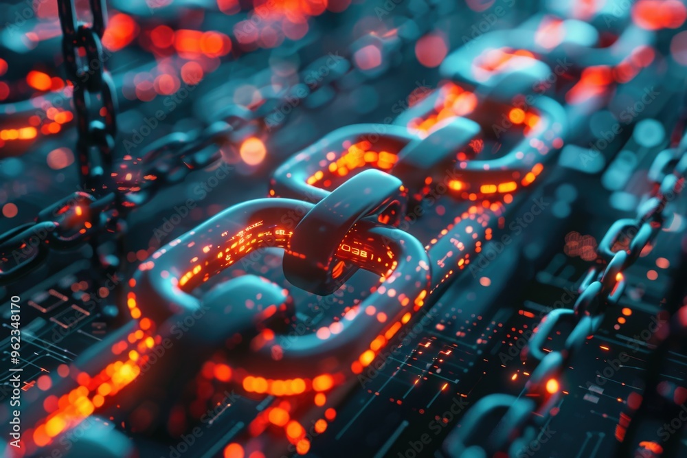Poster A close-up shot of a chain on a computer keyboard, highlighting the detail and texture