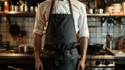 Obraz premium A person wearing an apron stands in a kitchen, perfect for food and cooking related images