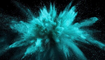 Aquamarine powder explosion on black, vivid blue-green dust cloud with 3D depth.