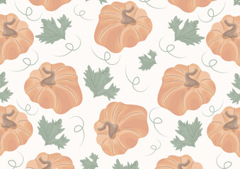 autumn horizontal poster with orange round pressed pumpkins with various autumn leaves with reduced transparency, vector