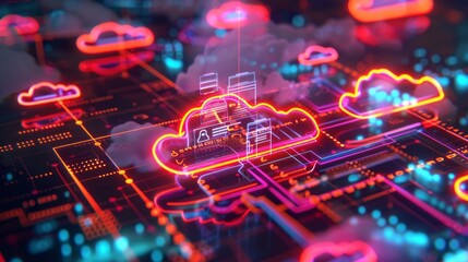 Online banking and cloud data management  secure financial transactions and data storage icons